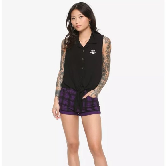 Wicked Fun Tie-Front Girls Woven Button-Up Tank Top - Picture 1 of 7